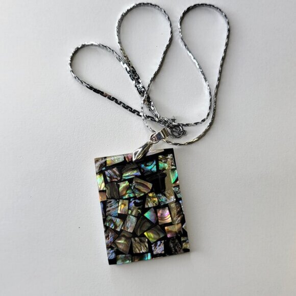 Womens Abalone Pendant Shell Inlay Rectangular Pendant with Silver Necklace - Picture 5 of 8